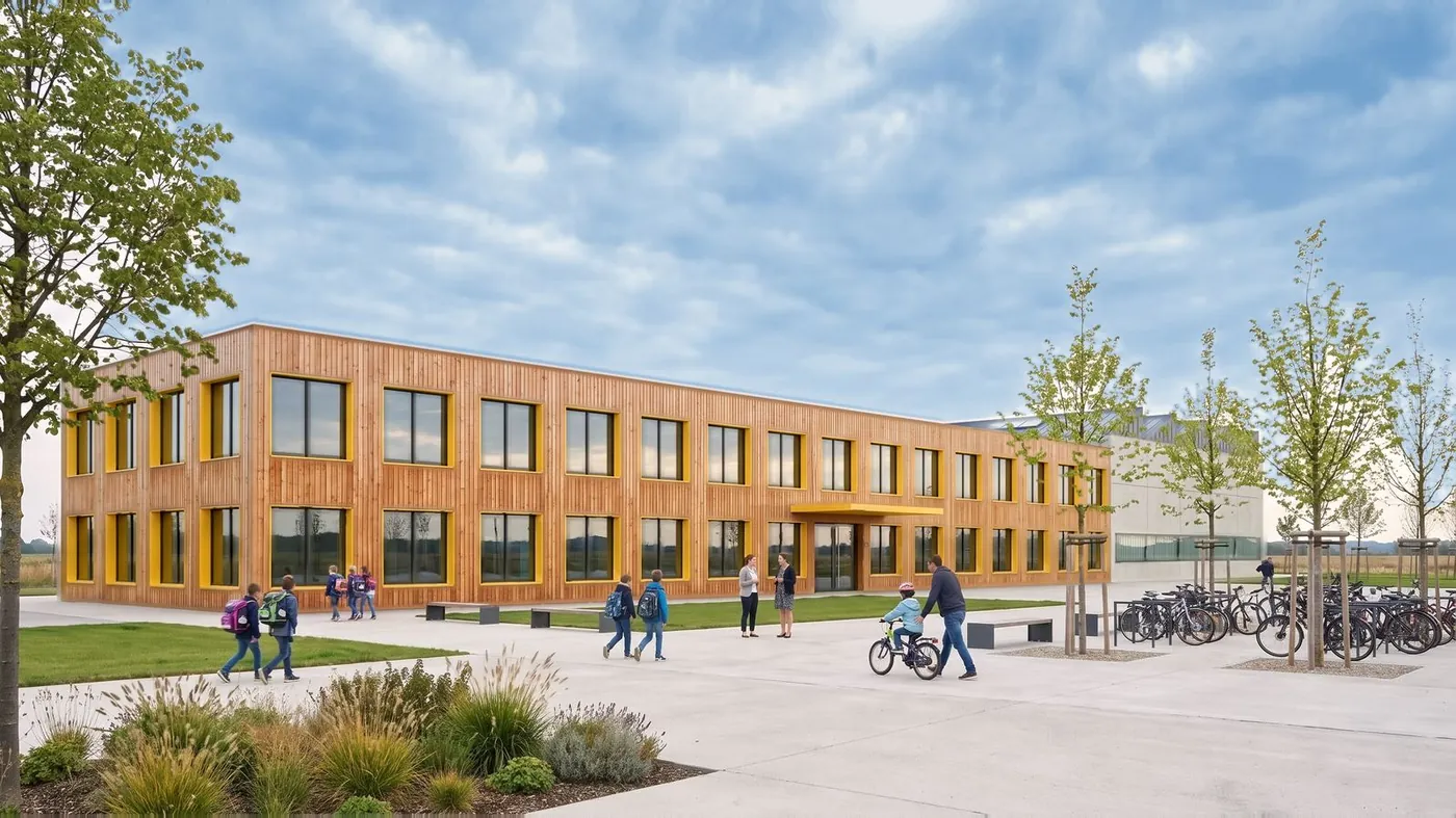 Visualisierung eines Schulgebäudes mit Holzfassade