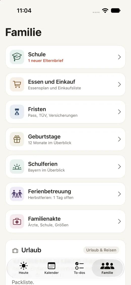 Rudelradar: Familienbereich mit Schule, Einkauf und Fristen