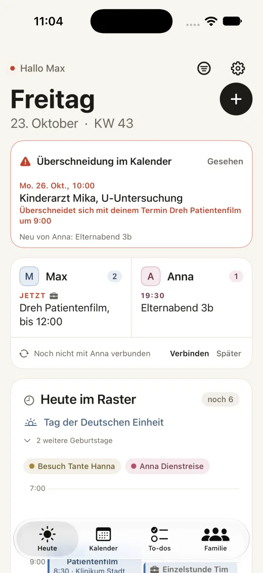 Rudelradar: Heute-Ansicht mit Überschneidung im Kalender
