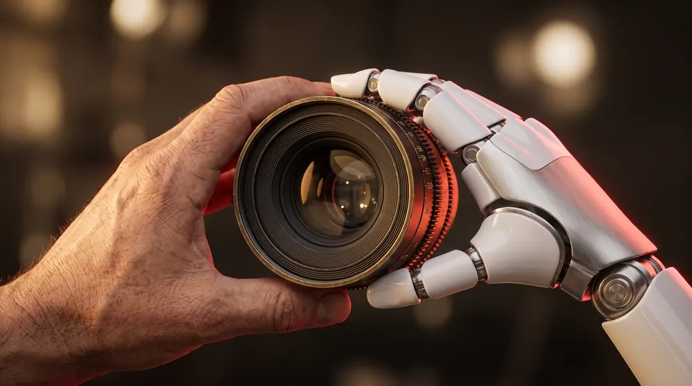 Eine menschliche Hand und eine Roboterhand halten gemeinsam ein Kameraobjektiv