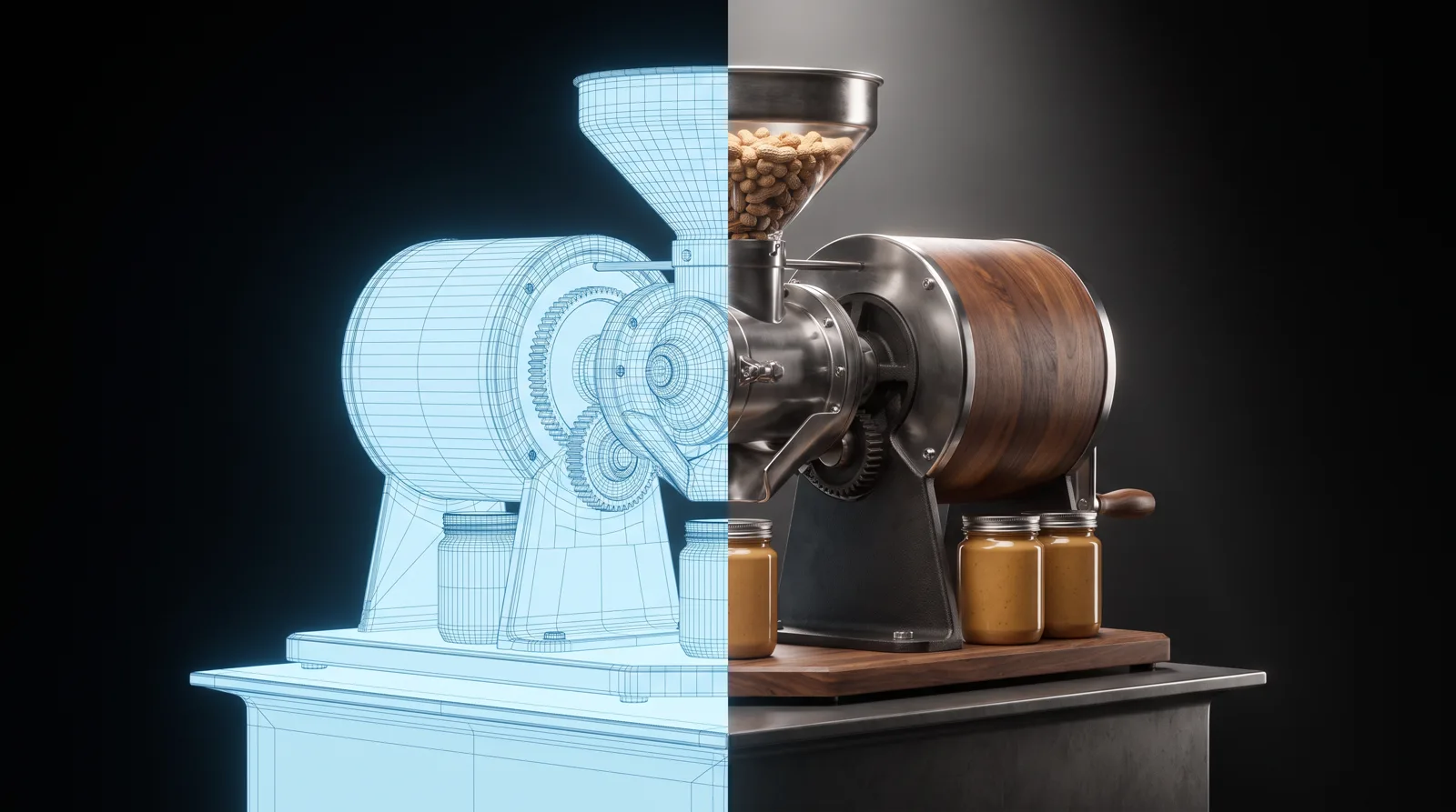 AI-generierte Produktvisualisierung: Erdnussbuttermaschine links als 3D-Gittermodell, rechts real