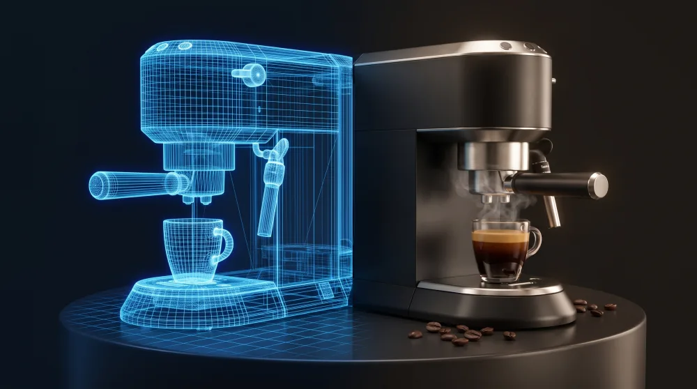 AI-generierte Produktvisualisierung: Espressomaschine links als 3D-Gittermodell, rechts real