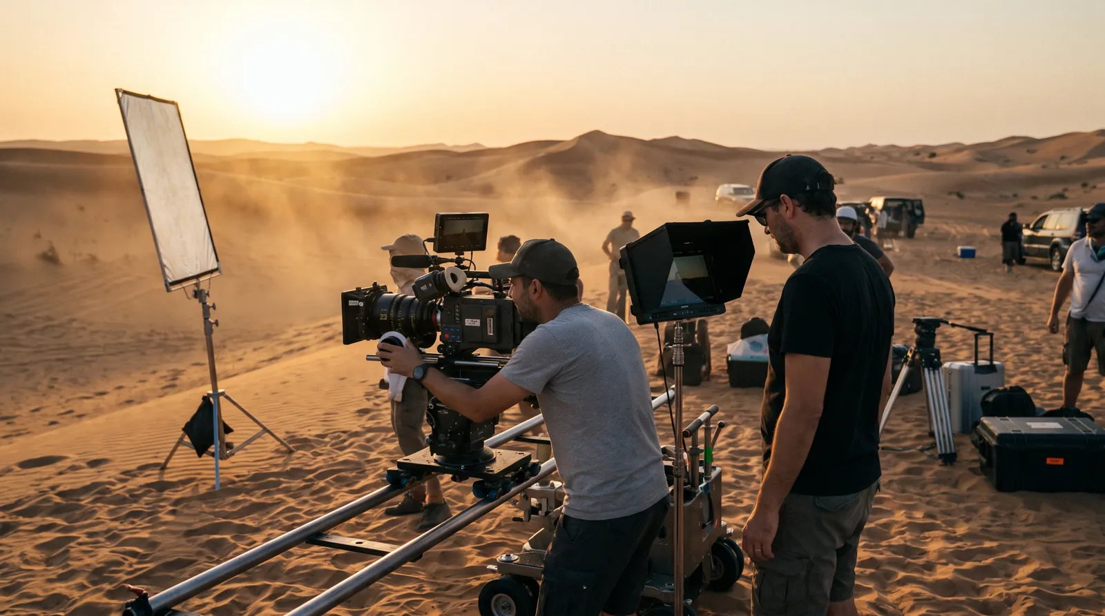 AI-generierte Szene: Filmcrew beim Dreh in der Wüste bei Sonnenuntergang